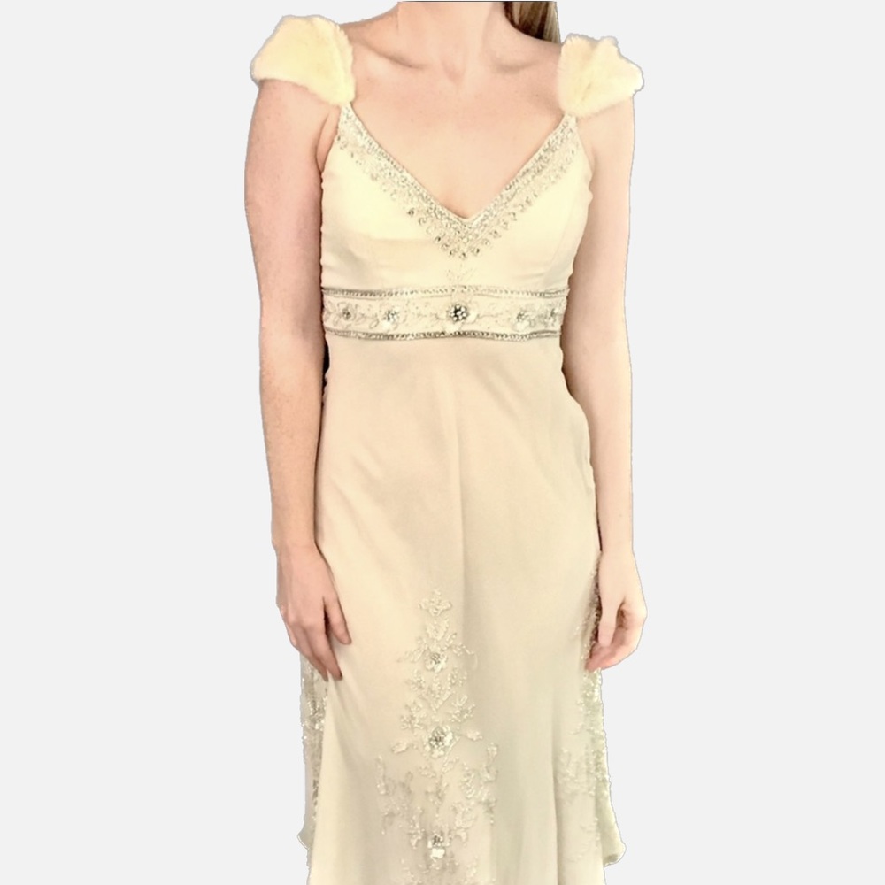Vintage beaded dress with faux fur cap sleeves - S
